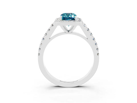 White gold Emerald Cut Halo Diamond Ring with Pavé Band and Three-Prong Setting_3