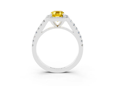 White gold Emerald Cut Halo Diamond Ring with Pavé Band and Three-Prong Setting_3