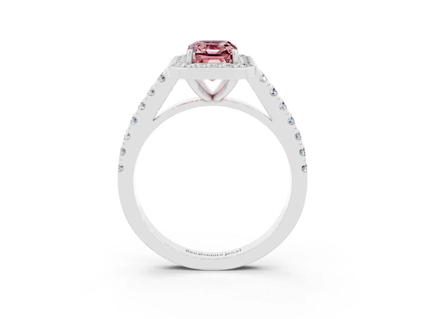 Platinum Emerald Cut Halo Diamond Ring with Pavé Band and Three-Prong Setting