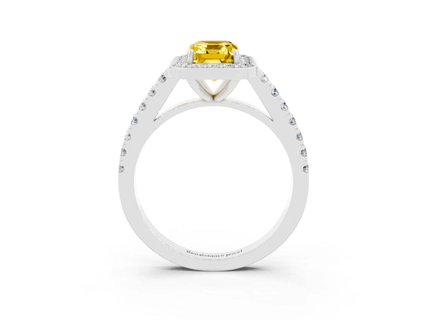 White gold Emerald Cut Yellow Sapphire Halo Ring with Round Pavé Split Shank and Prong Setting