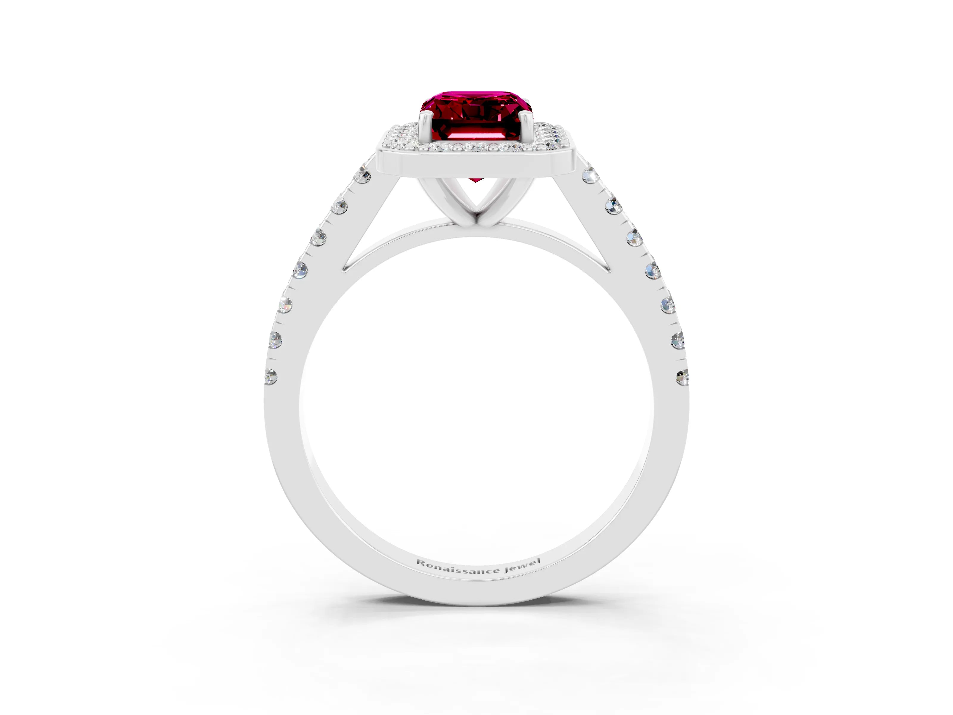 White gold Emerald Cut Halo Diamond Ring with Pavé Band and Three-Prong Setting_3