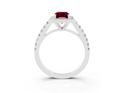 White gold Emerald Cut Halo Diamond Ring with Pavé Band and Three-Prong Setting_3