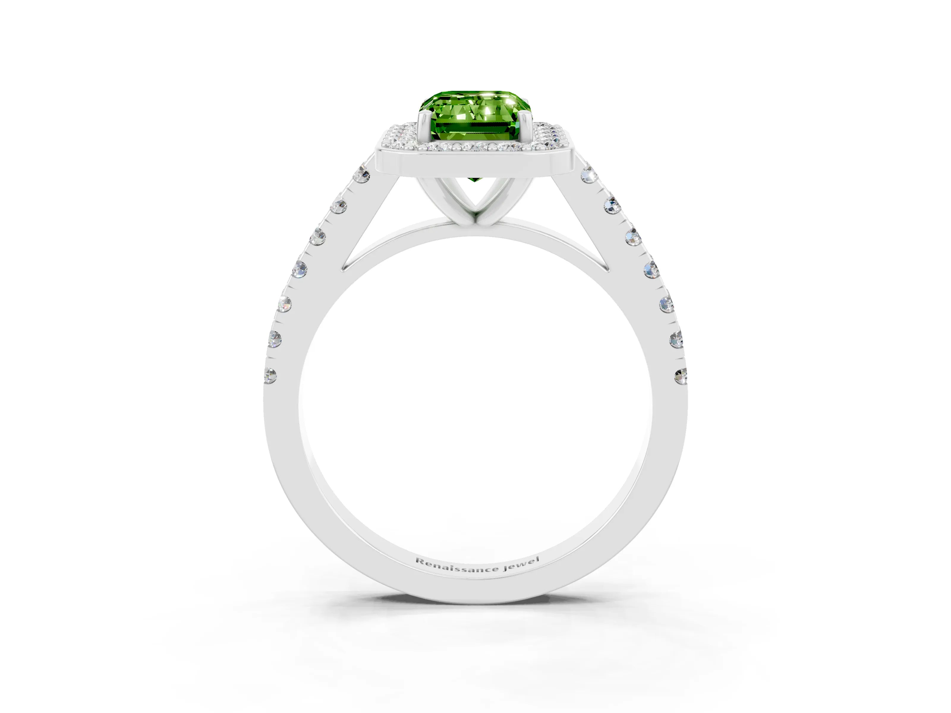 White gold Emerald Cut Halo Diamond Ring with Pavé Band and Three-Prong Setting_3