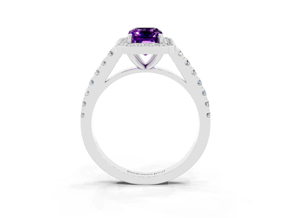 White gold Emerald Cut Amethyst Halo Ring with Round Pavé Split Shank and Prong Setting