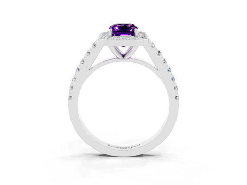 White gold Emerald Cut Halo Diamond Ring with Pavé Band and Three-Prong Setting_3