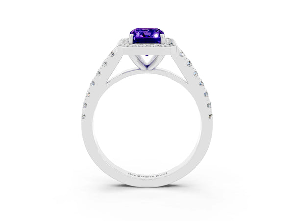 Platinum Emerald Cut Tanzanite Halo Ring with Round Pavé Split Shank and Prong Setting
