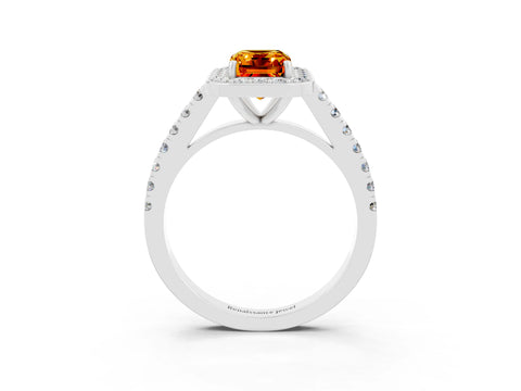 White gold Emerald Cut Halo Diamond Ring with Pavé Band and Three-Prong Setting_3