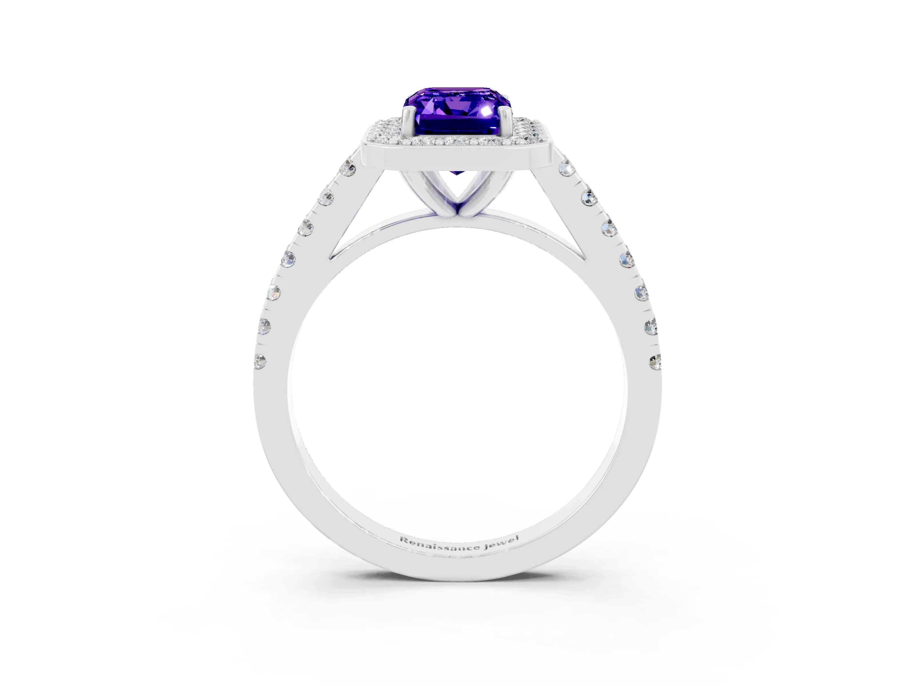 White gold Emerald Cut Halo Diamond Ring with Pavé Band and Three-Prong Setting_3