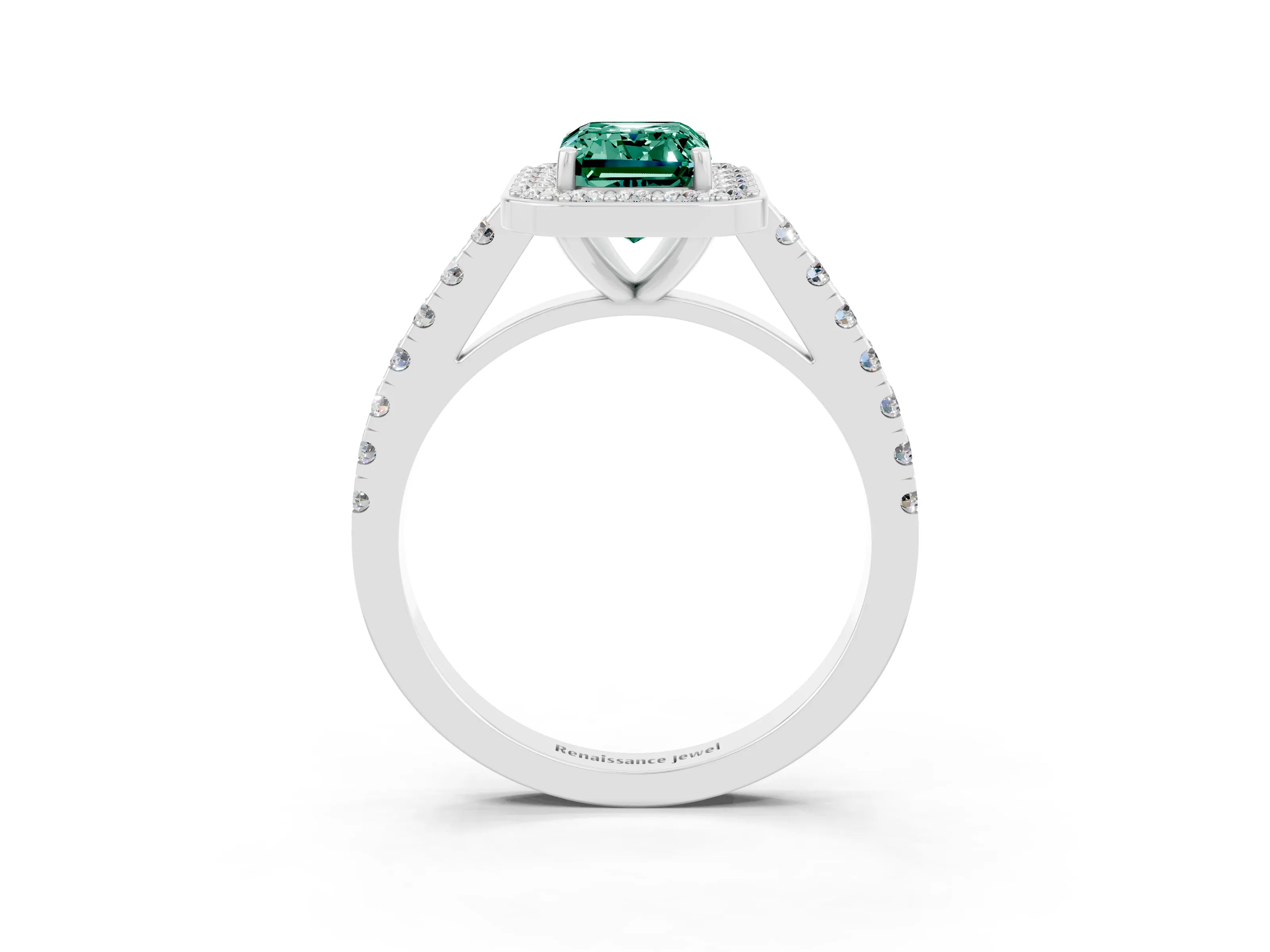 White gold Emerald Cut Halo Diamond Ring with Pavé Band and Three-Prong Setting_3