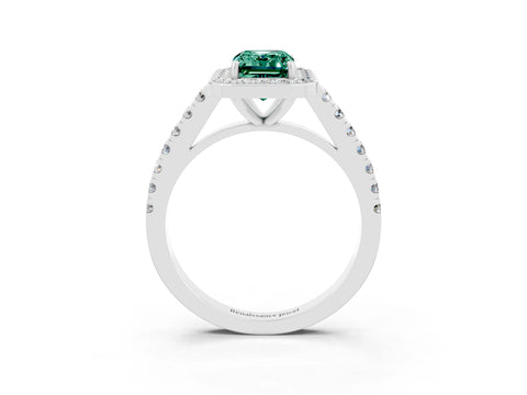 White gold Emerald Cut Halo Diamond Ring with Pavé Band and Three-Prong Setting_3