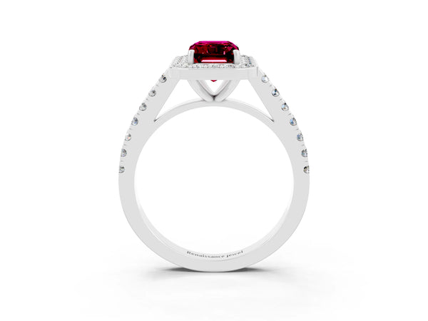 Platinum Emerald Cut Garnet Halo Ring with Round Pavé Split Shank and Prong Setting