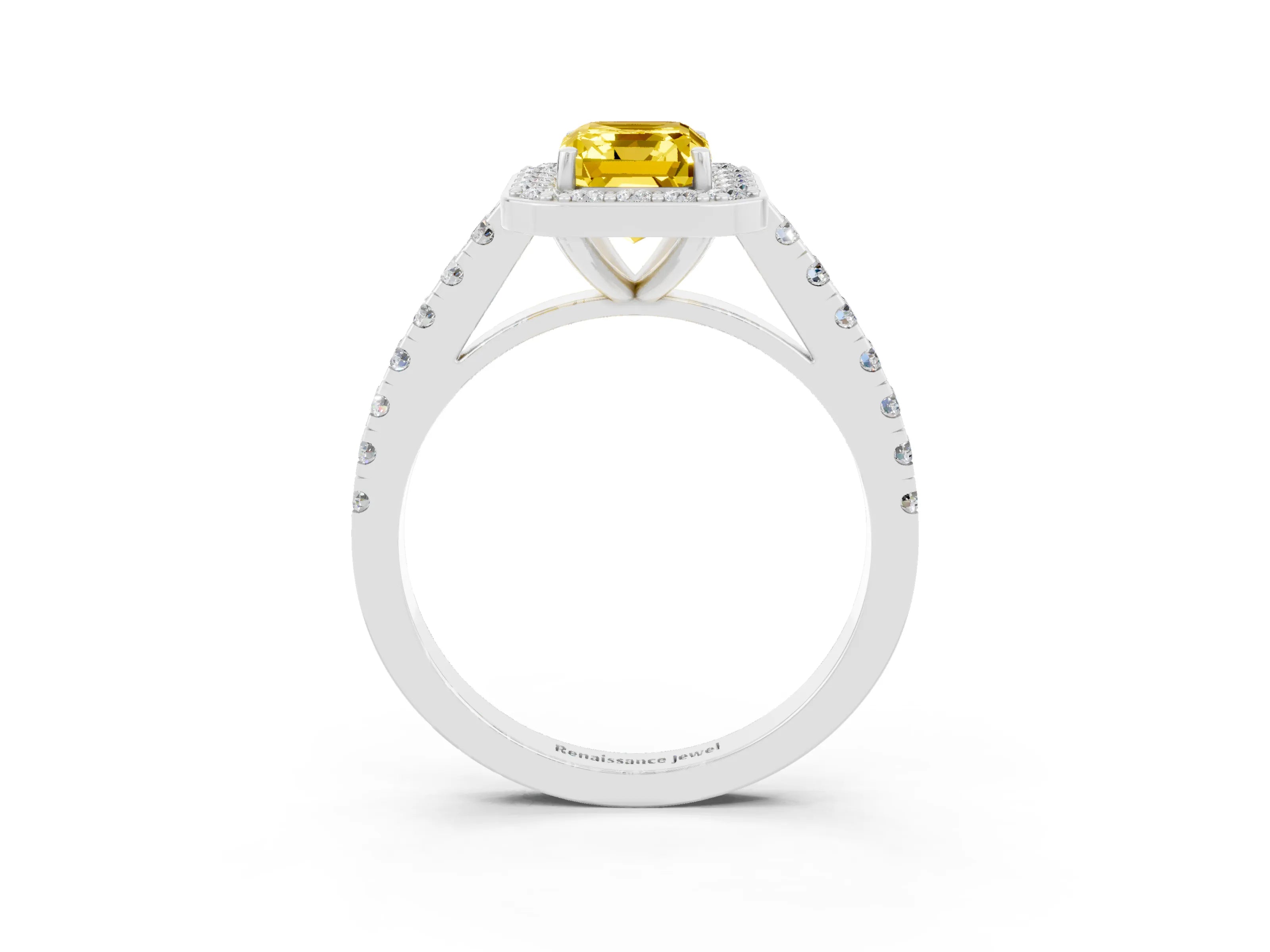 White gold Emerald Cut Halo Diamond Ring with Pavé Band and Three-Prong Setting_3
