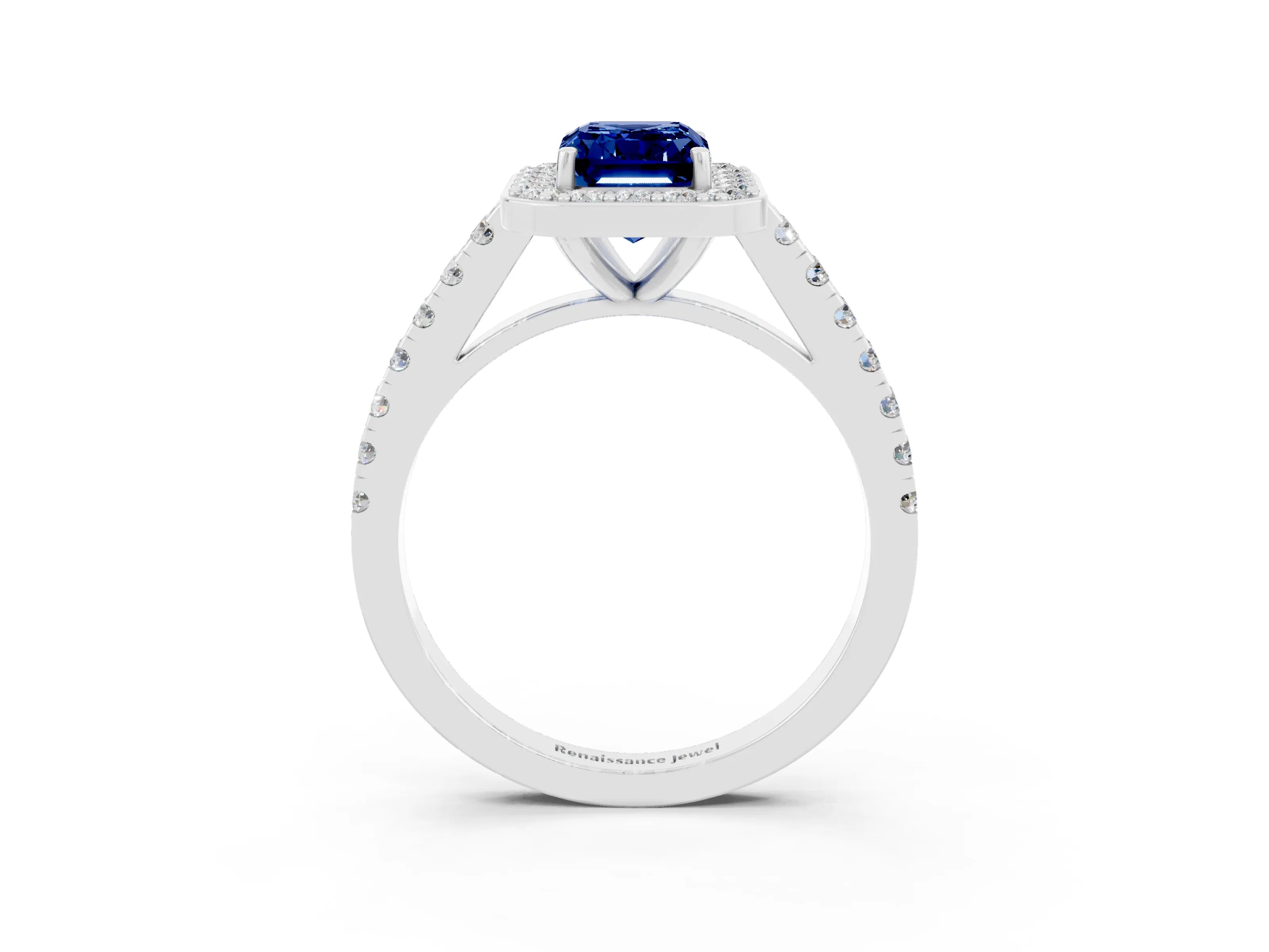 White gold Emerald Cut Halo Diamond Ring with Pavé Band and Three-Prong Setting_3