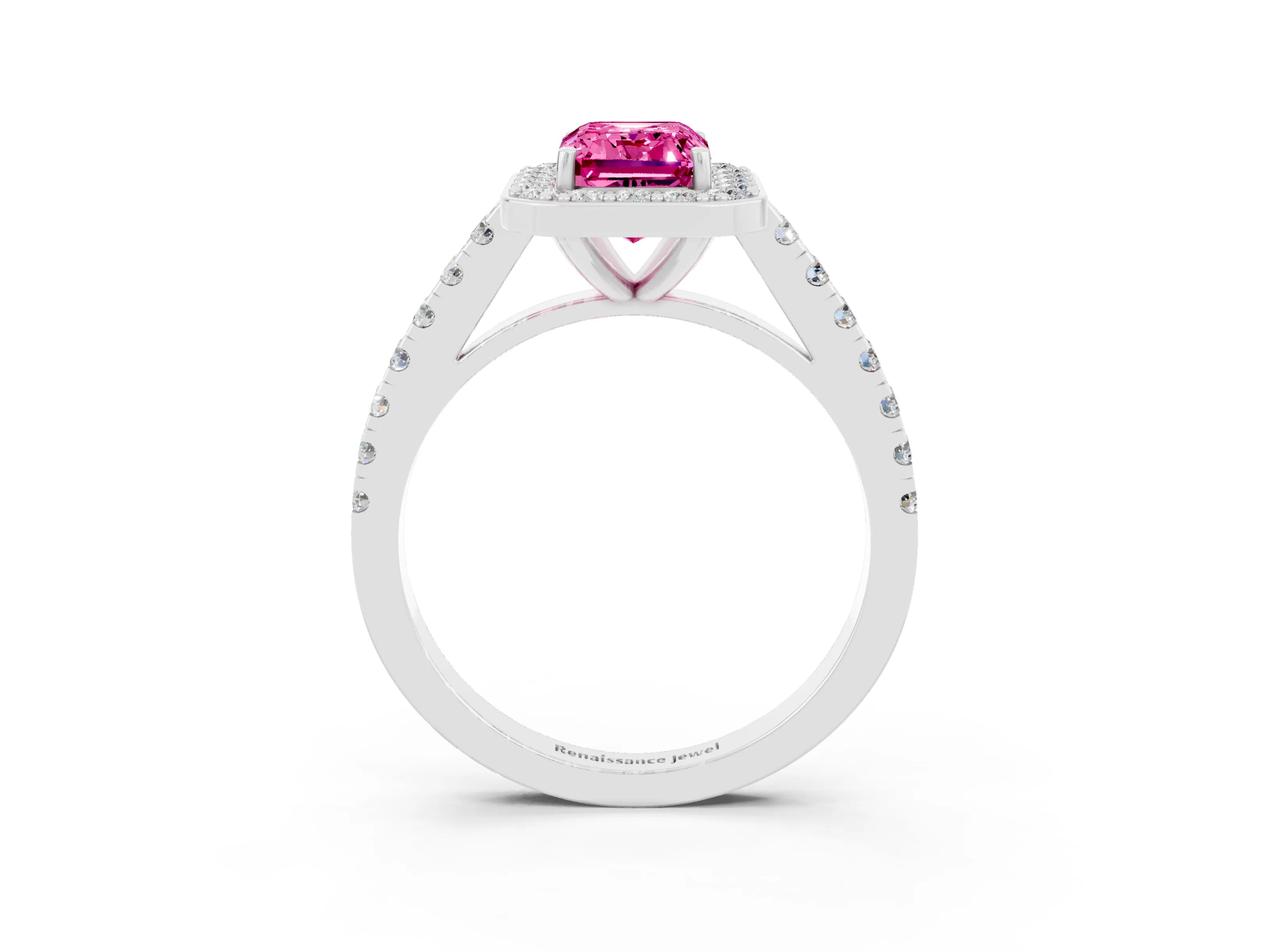 White gold Emerald Cut Halo Diamond Ring with Pavé Band and Three-Prong Setting_3