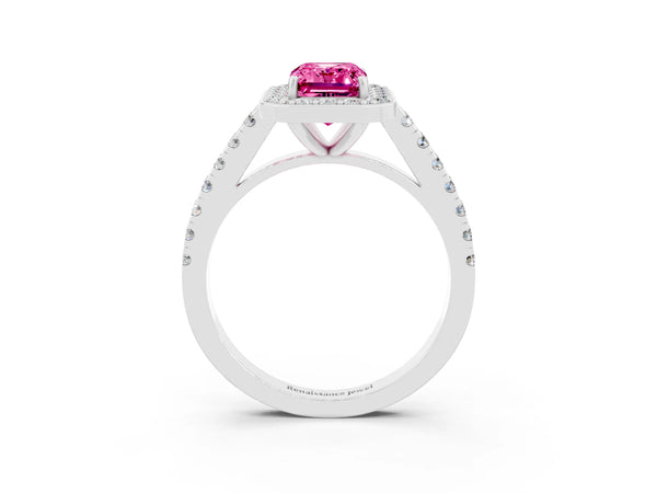Silver Emerald Cut Pink Sapphire Halo Ring with Round Pavé Split Shank and Prong Setting