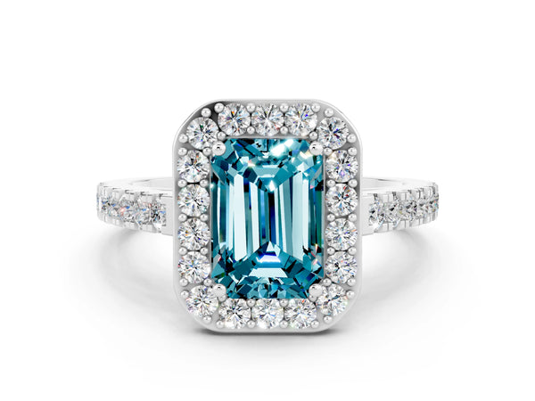 White gold Emerald Cut Halo Diamond Ring with Pavé Band and Three-Prong Setting