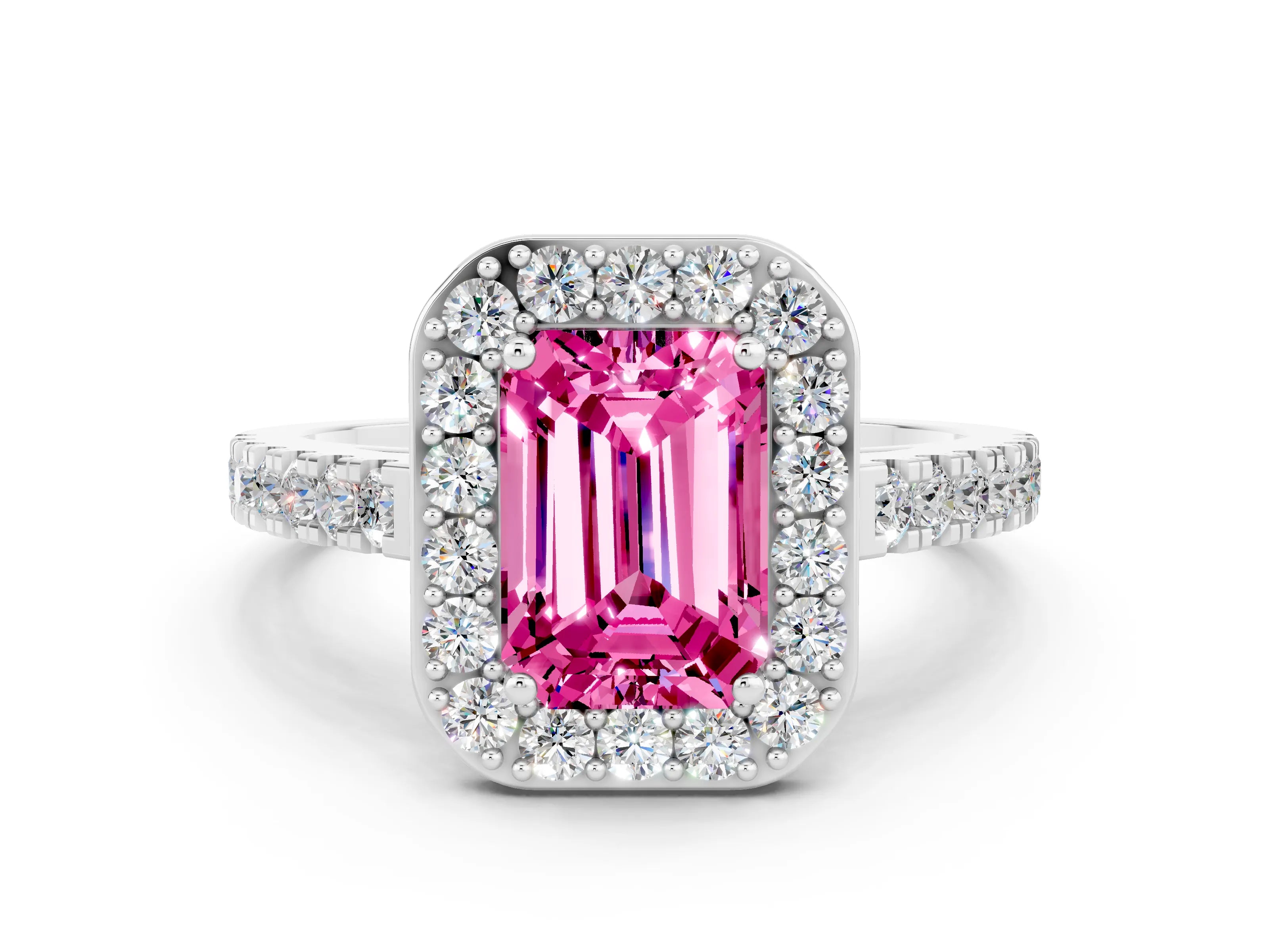 White gold Emerald Cut Halo Diamond Ring with Pavé Band and Three-Prong Setting