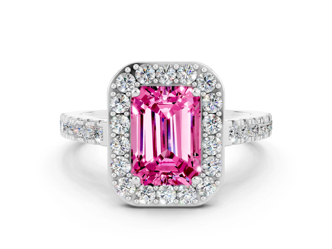 White gold Emerald Cut Halo Diamond Ring with Pavé Band and Three-Prong Setting