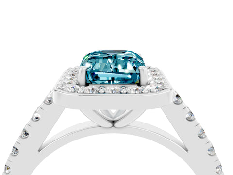 White gold Emerald Cut Halo Diamond Ring with Pavé Band and Three-Prong Setting_4