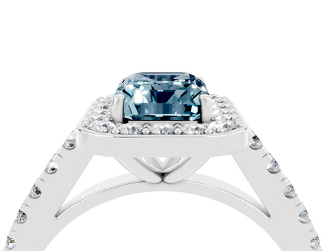 White gold Emerald Cut Halo Diamond Ring with Pavé Band and Three-Prong Setting_4