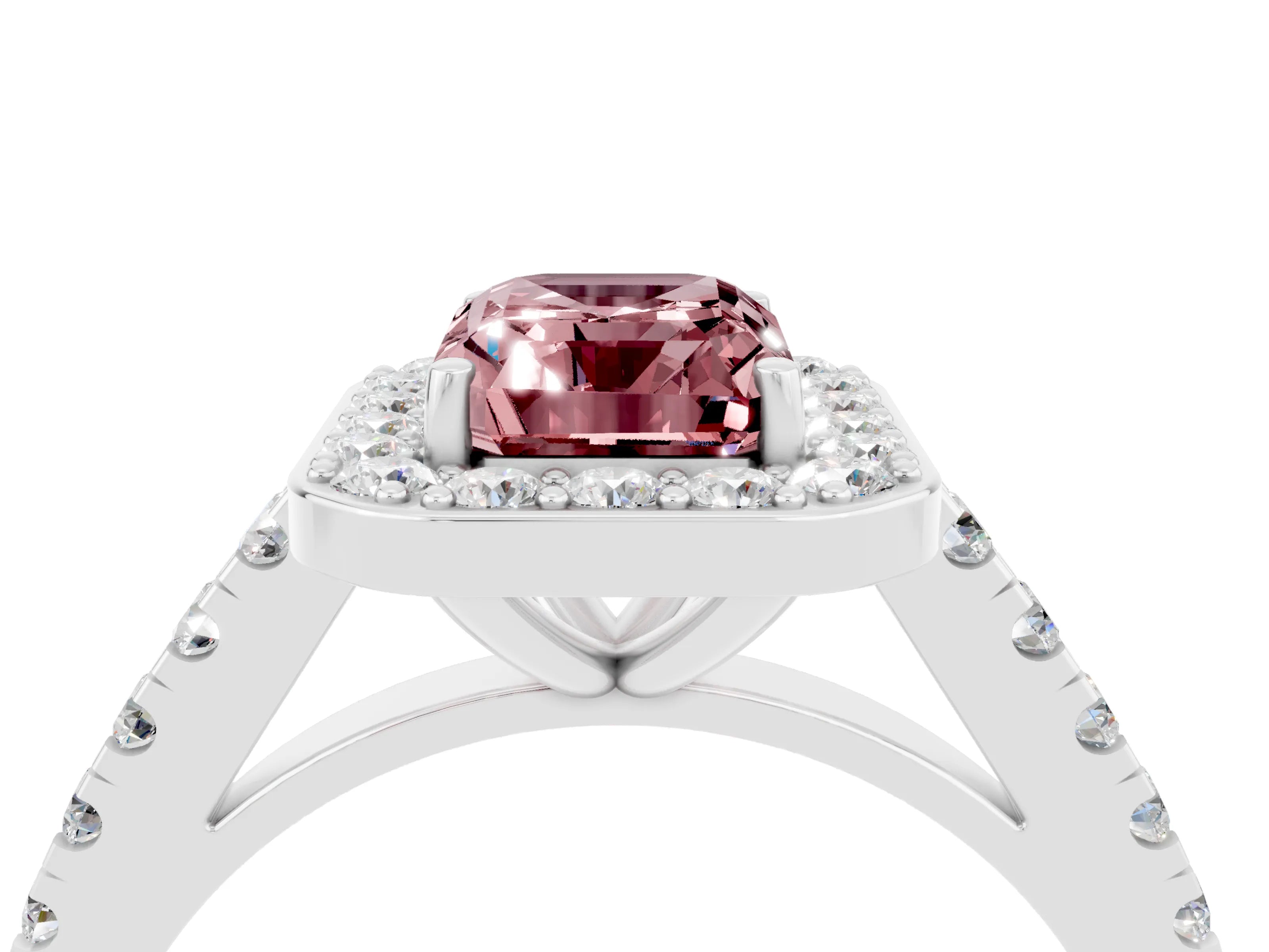 White gold Emerald Cut Halo Diamond Ring with Pavé Band and Three-Prong Setting_4