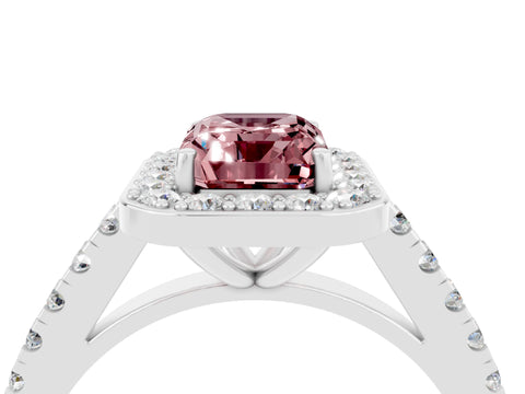 White gold Emerald Cut Halo Diamond Ring with Pavé Band and Three-Prong Setting_4