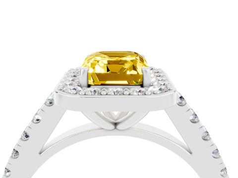 White gold Emerald Cut Halo Diamond Ring with Pavé Band and Three-Prong Setting_4