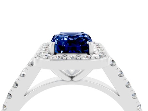 White gold Emerald Cut Halo Diamond Ring with Pavé Band and Three-Prong Setting_4