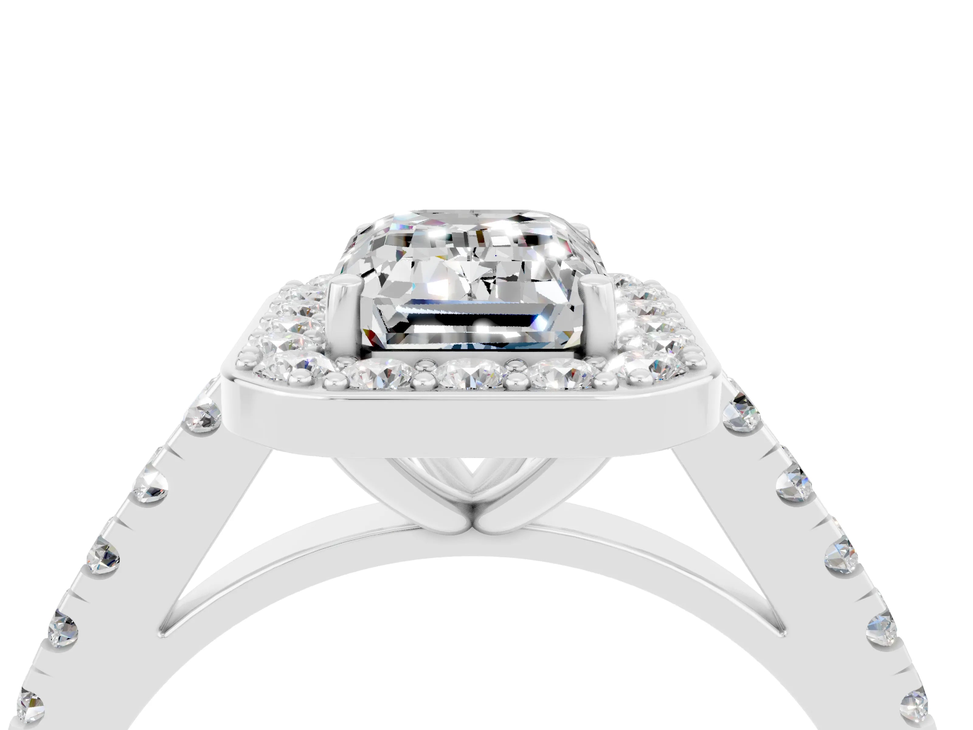 White gold Emerald Cut Halo Diamond Ring with Pavé Band and Three-Prong Setting_4