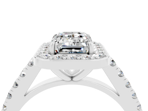 White gold Emerald Cut Halo Diamond Ring with Pavé Band and Three-Prong Setting_4