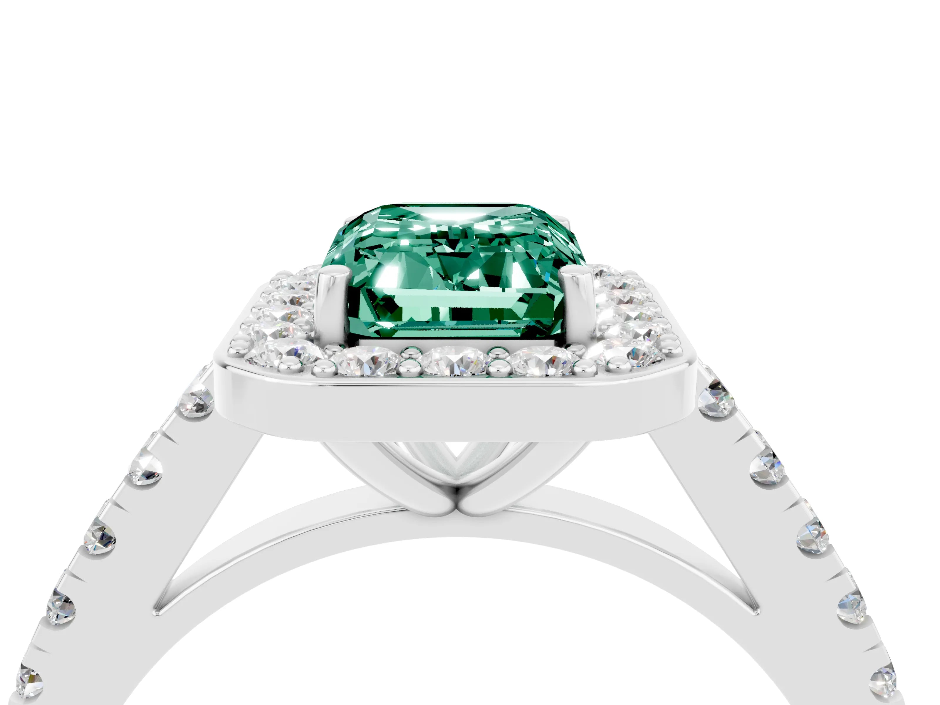 White gold Emerald Cut Halo Diamond Ring with Pavé Band and Three-Prong Setting_4