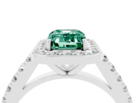 White gold Emerald Cut Halo Diamond Ring with Pavé Band and Three-Prong Setting_4