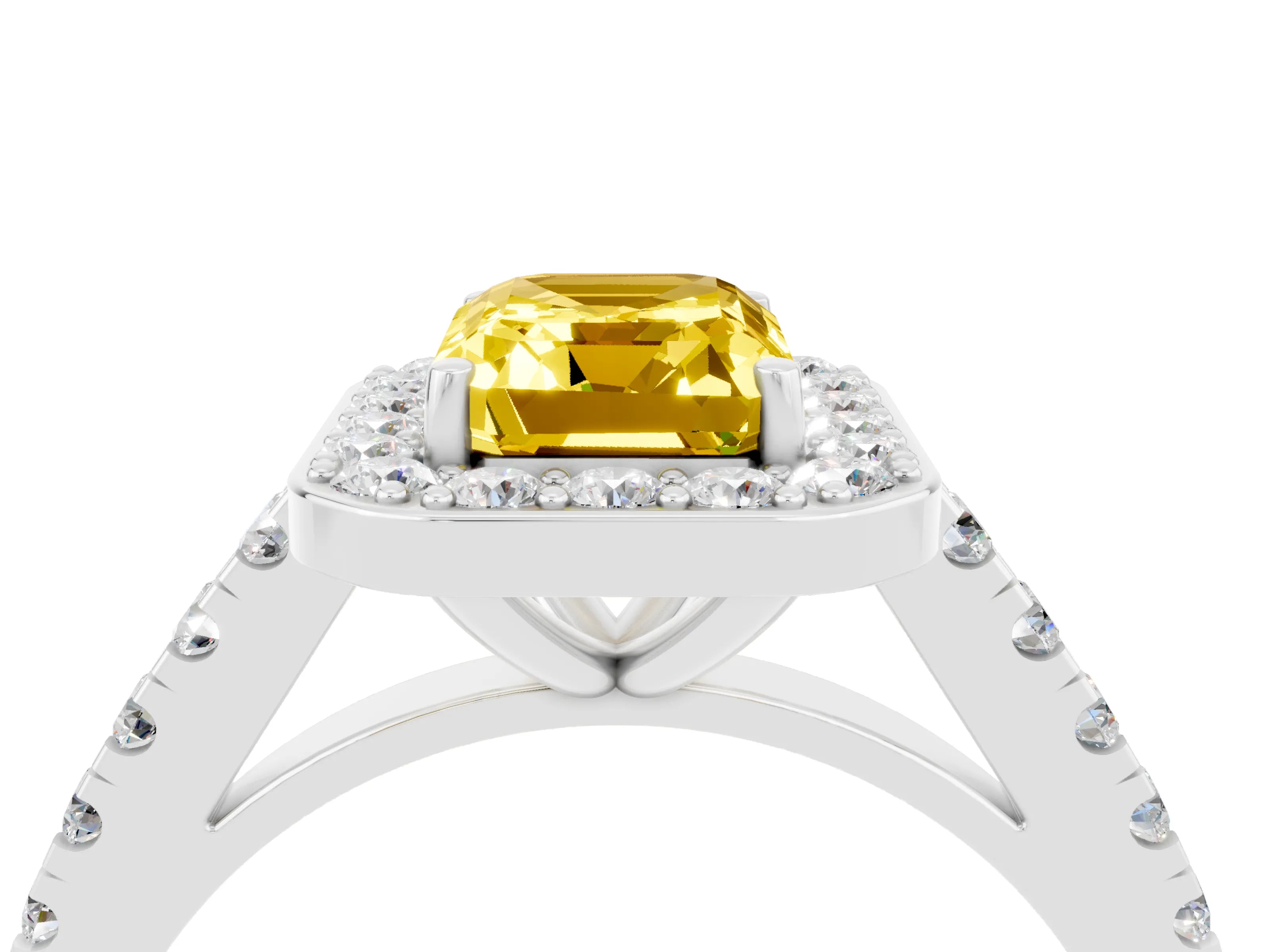 White gold Emerald Cut Halo Diamond Ring with Pavé Band and Three-Prong Setting_4