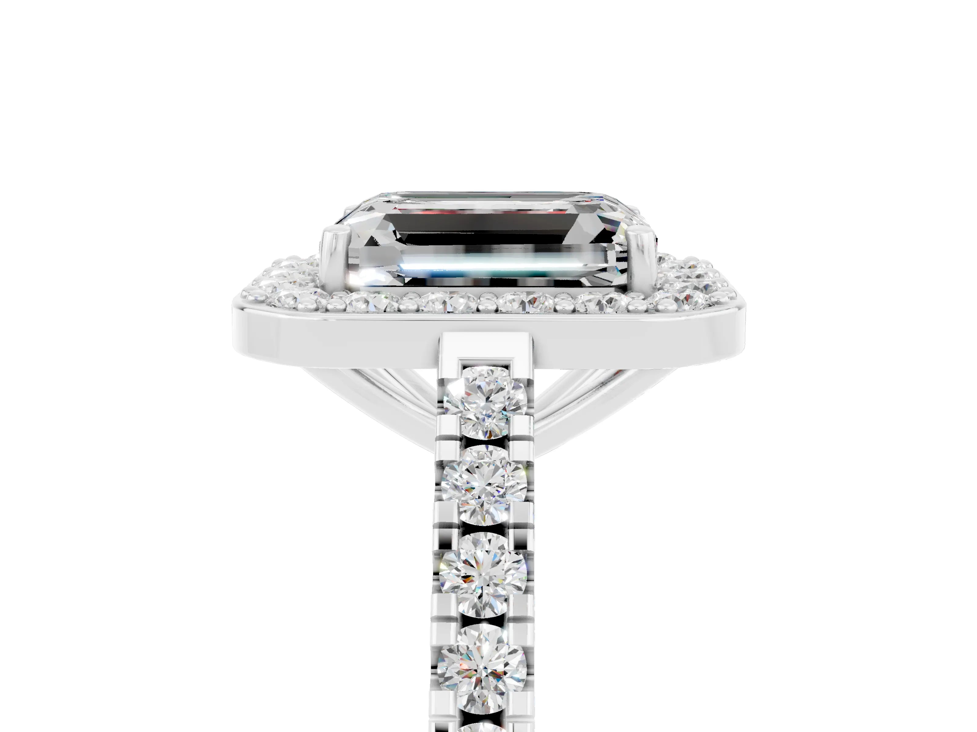 White gold Emerald Cut Halo Diamond Ring with Pavé Band and Three-Prong Setting_5