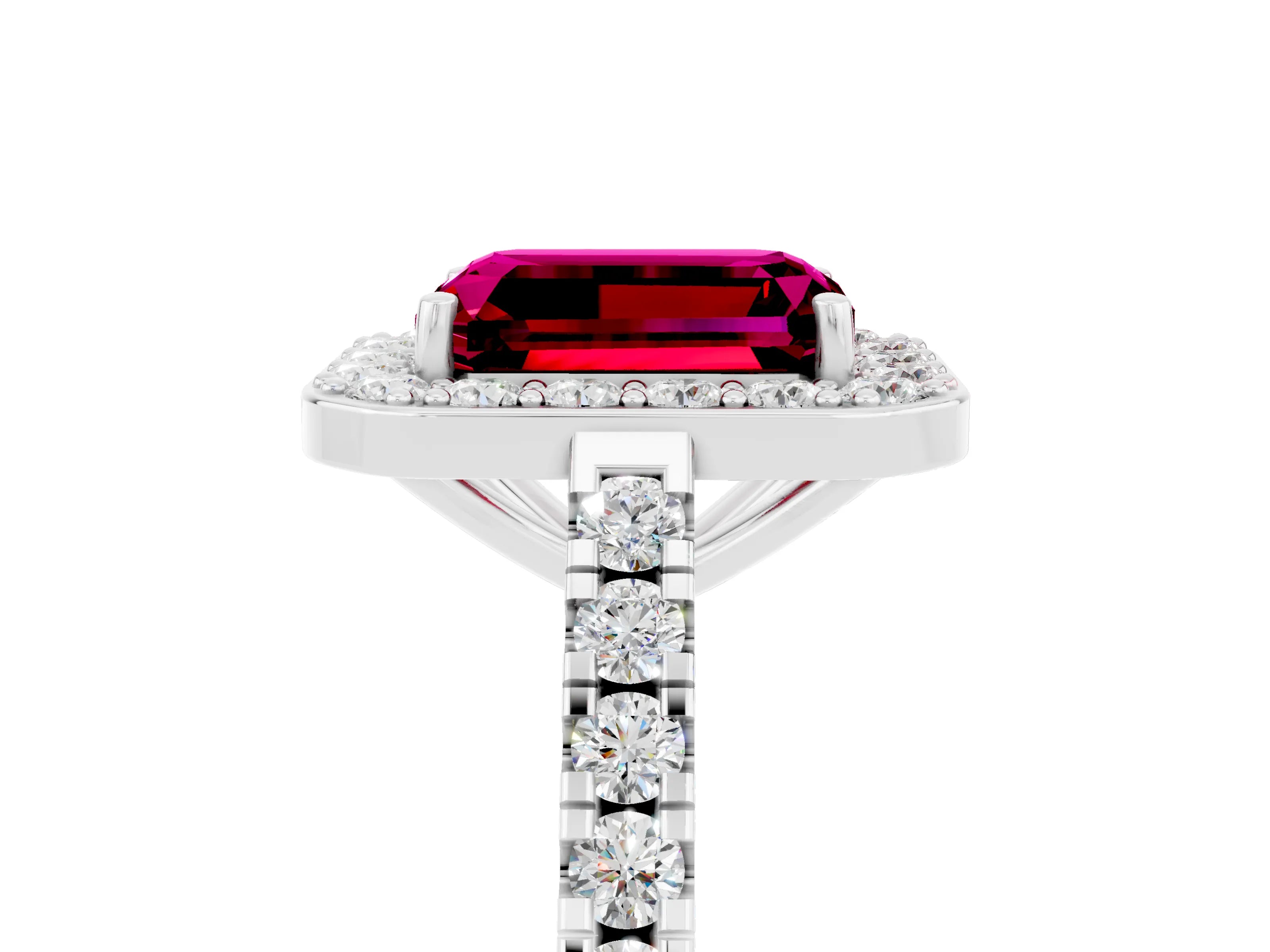 White gold Emerald Cut Halo Diamond Ring with Pavé Band and Three-Prong Setting_5