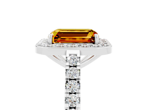 White gold Emerald Cut Halo Diamond Ring with Pavé Band and Three-Prong Setting_5
