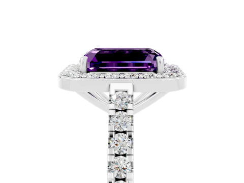 White gold Emerald Cut Halo Diamond Ring with Pavé Band and Three-Prong Setting_5