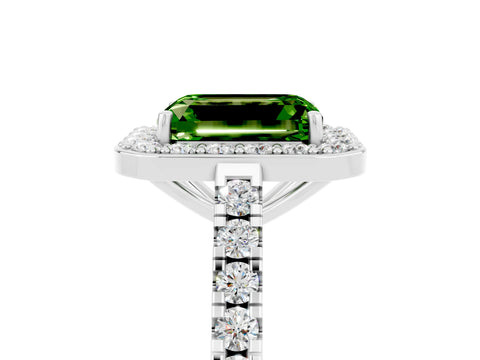 White gold Emerald Cut Halo Diamond Ring with Pavé Band and Three-Prong Setting_5