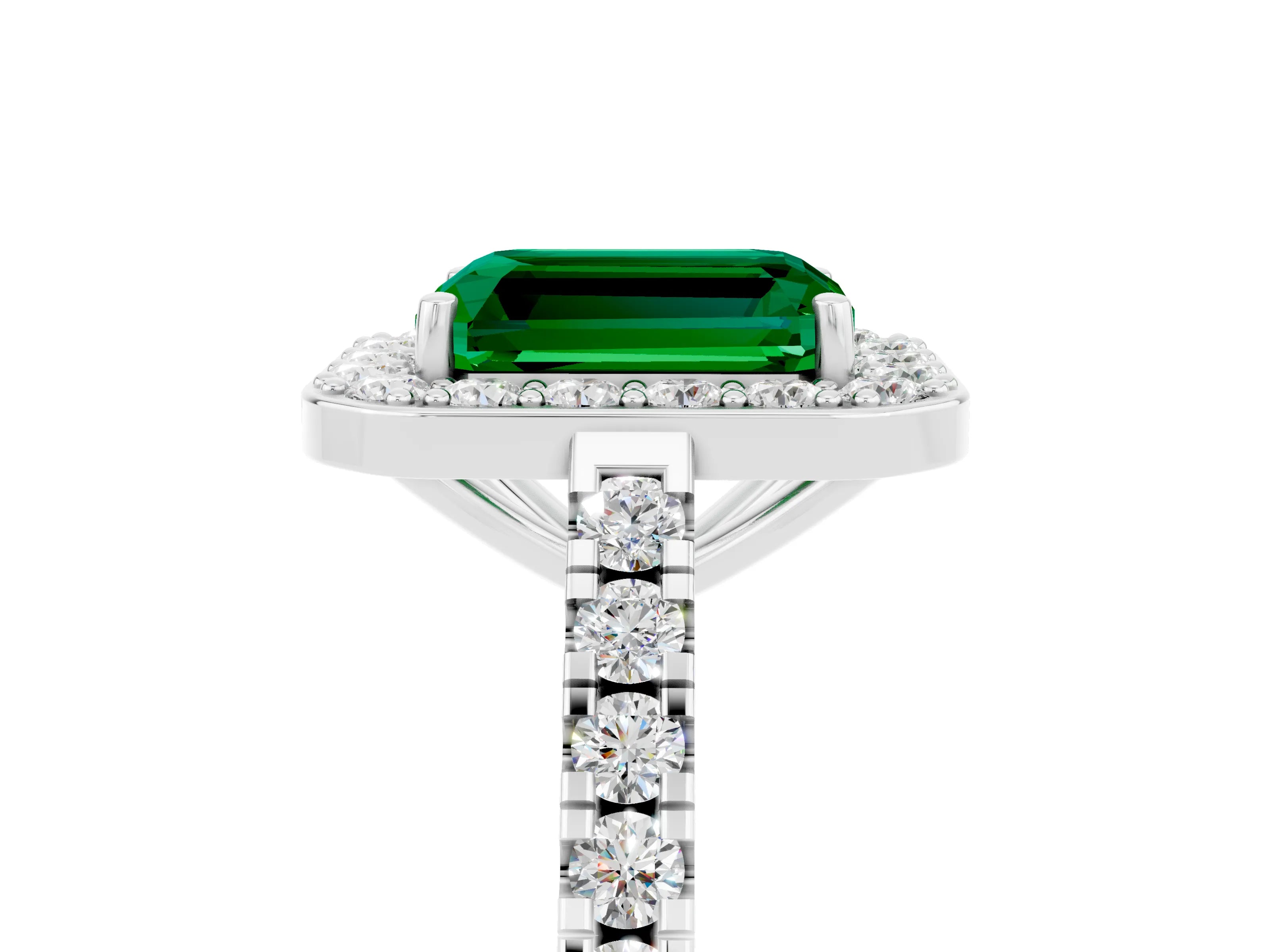 White gold Emerald Cut Halo Diamond Ring with Pavé Band and Three-Prong Setting_5
