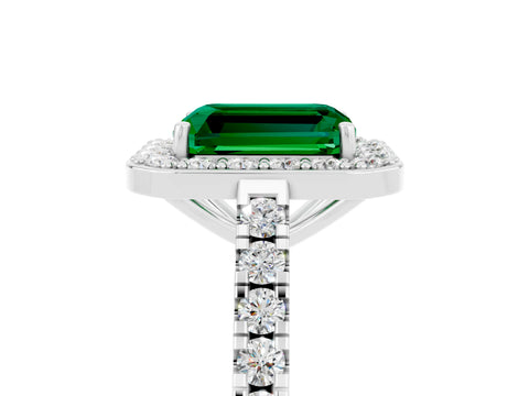White gold Emerald Cut Halo Diamond Ring with Pavé Band and Three-Prong Setting_5