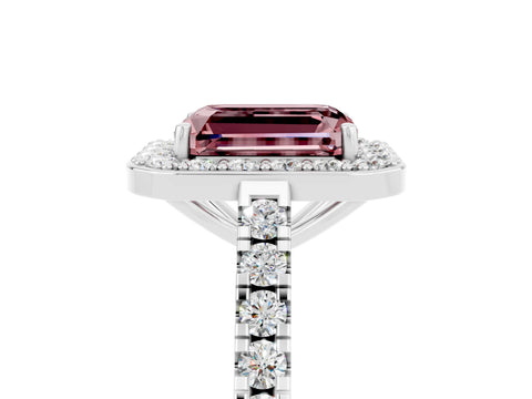 White gold Emerald Cut Halo Diamond Ring with Pavé Band and Three-Prong Setting_5