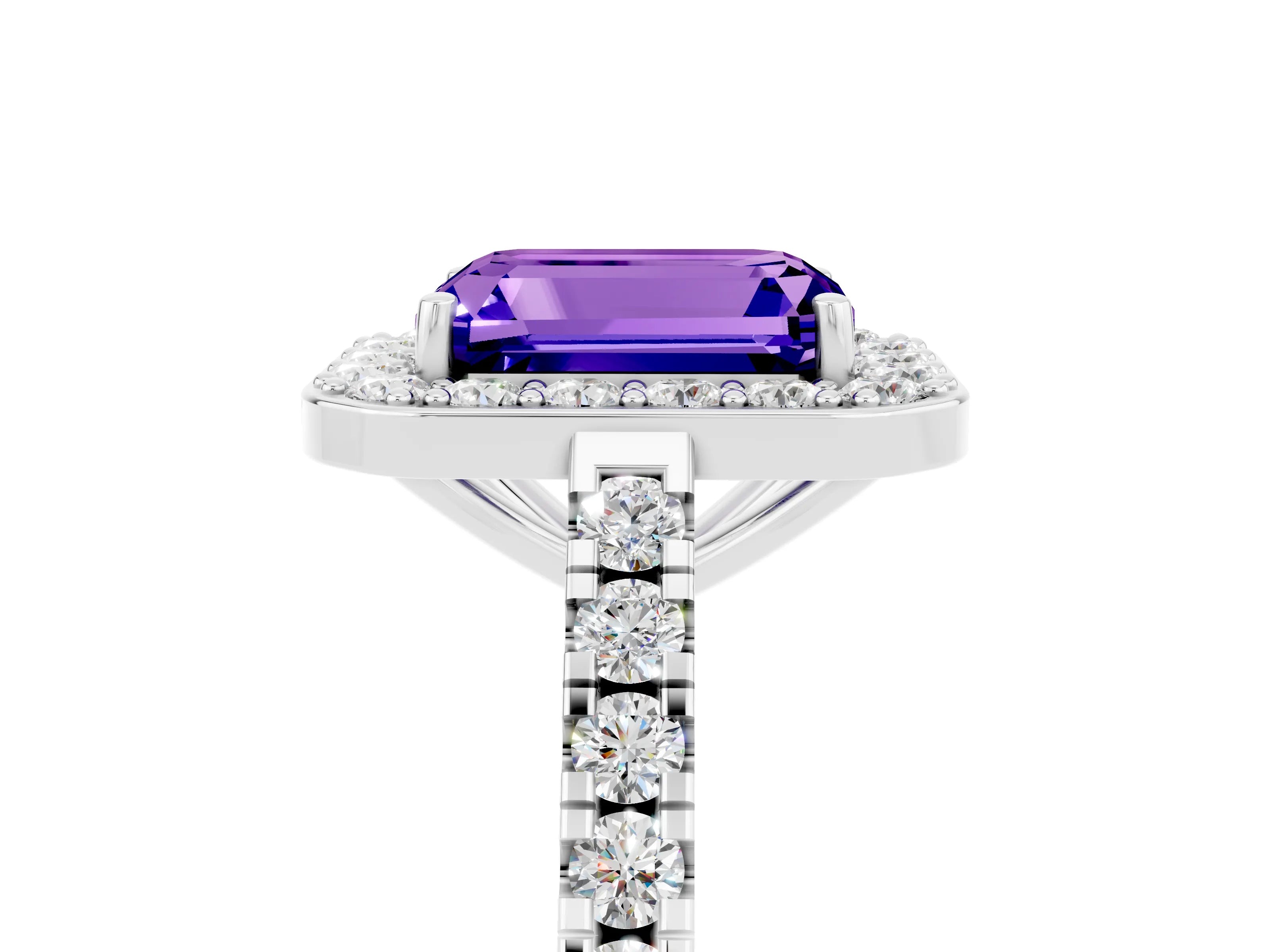 White gold Emerald Cut Halo Diamond Ring with Pavé Band and Three-Prong Setting_5