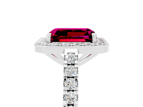 White gold Emerald Cut Halo Diamond Ring with Pavé Band and Three-Prong Setting_5