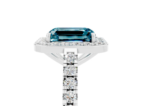White gold Emerald Cut Halo Diamond Ring with Pavé Band and Three-Prong Setting_5