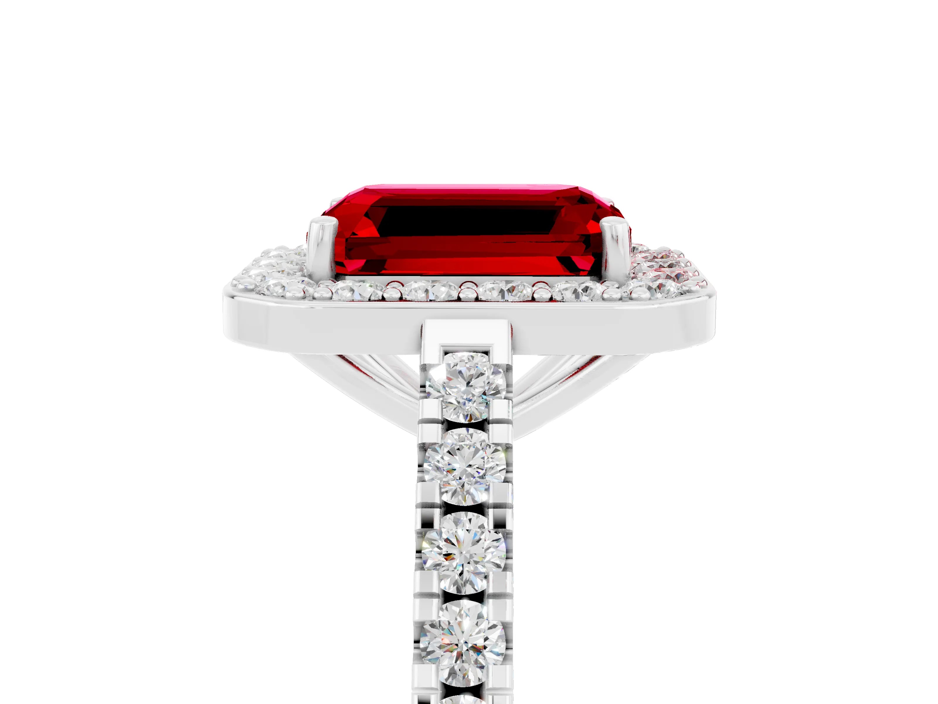 White gold Emerald Cut Halo Diamond Ring with Pavé Band and Three-Prong Setting_5