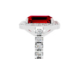 White gold Emerald Cut Halo Diamond Ring with Pavé Band and Three-Prong Setting_5