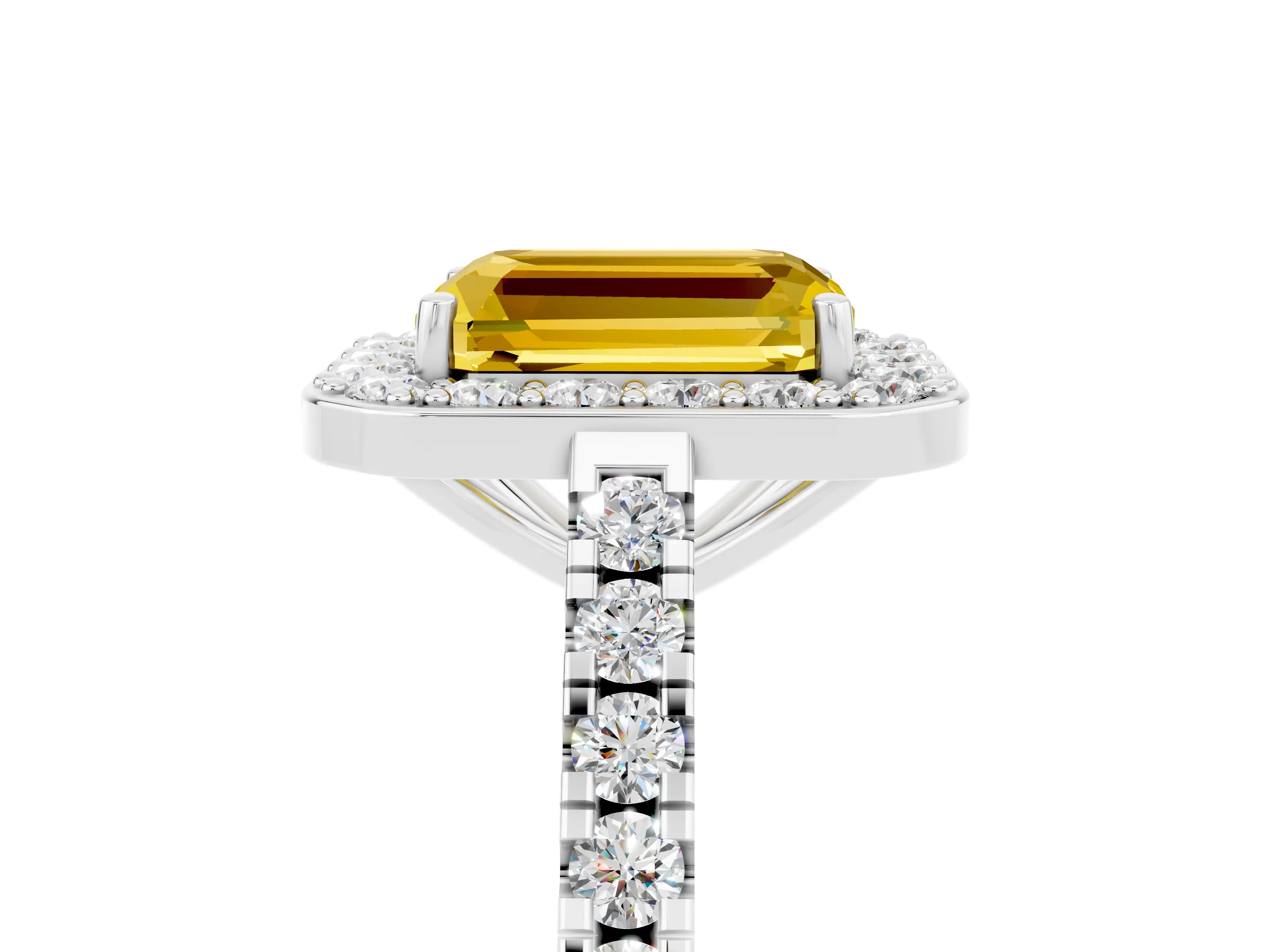 White gold Emerald Cut Halo Diamond Ring with Pavé Band and Three-Prong Setting_5