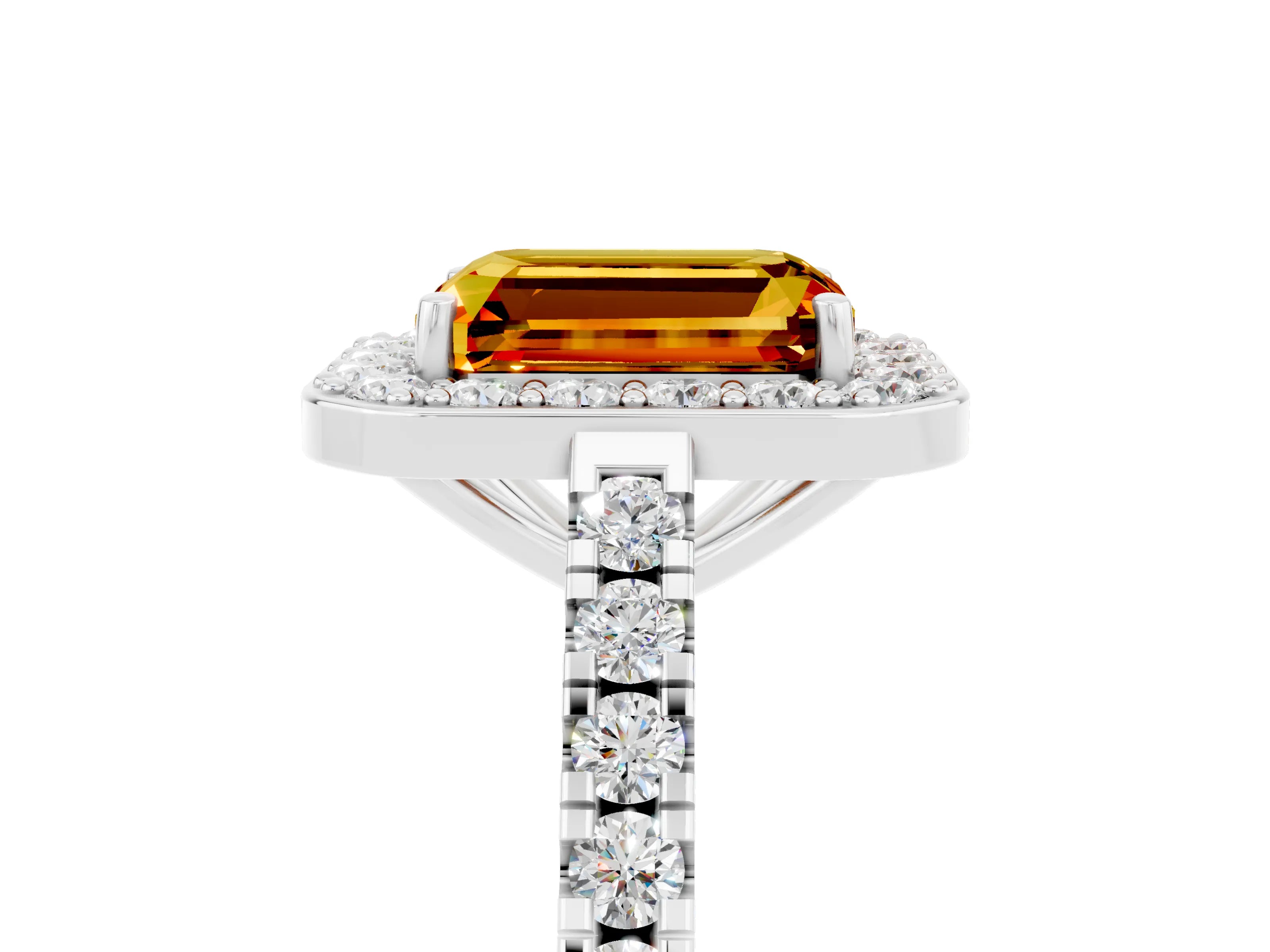 White gold Emerald Cut Halo Diamond Ring with Pavé Band and Three-Prong Setting_5