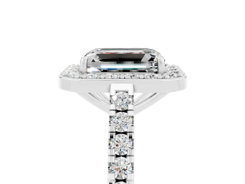 White gold Emerald Cut Halo Diamond Ring with Pavé Band and Three-Prong Setting_5