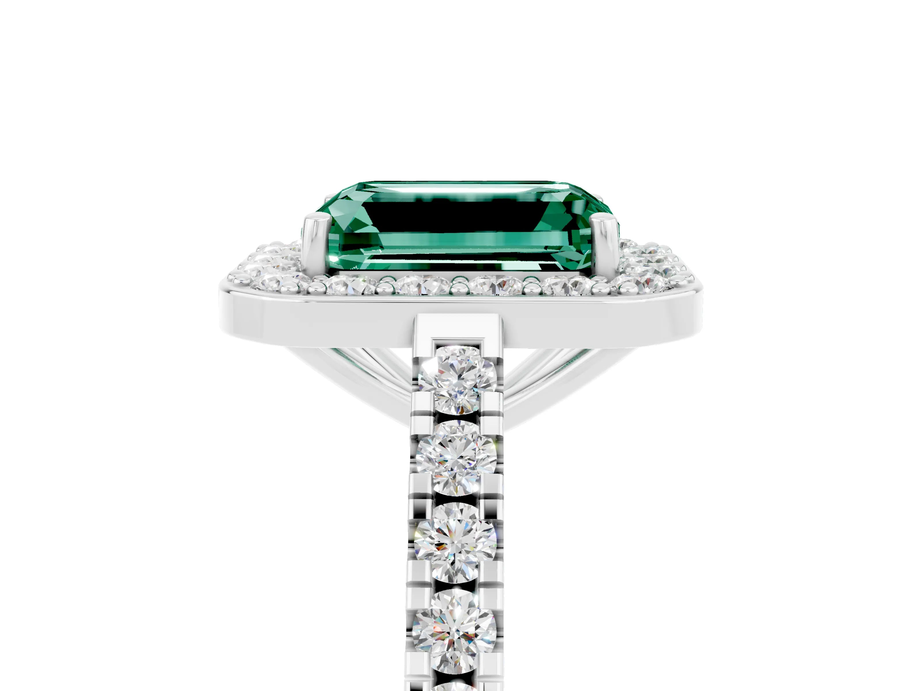 White gold Emerald Cut Halo Diamond Ring with Pavé Band and Three-Prong Setting_5